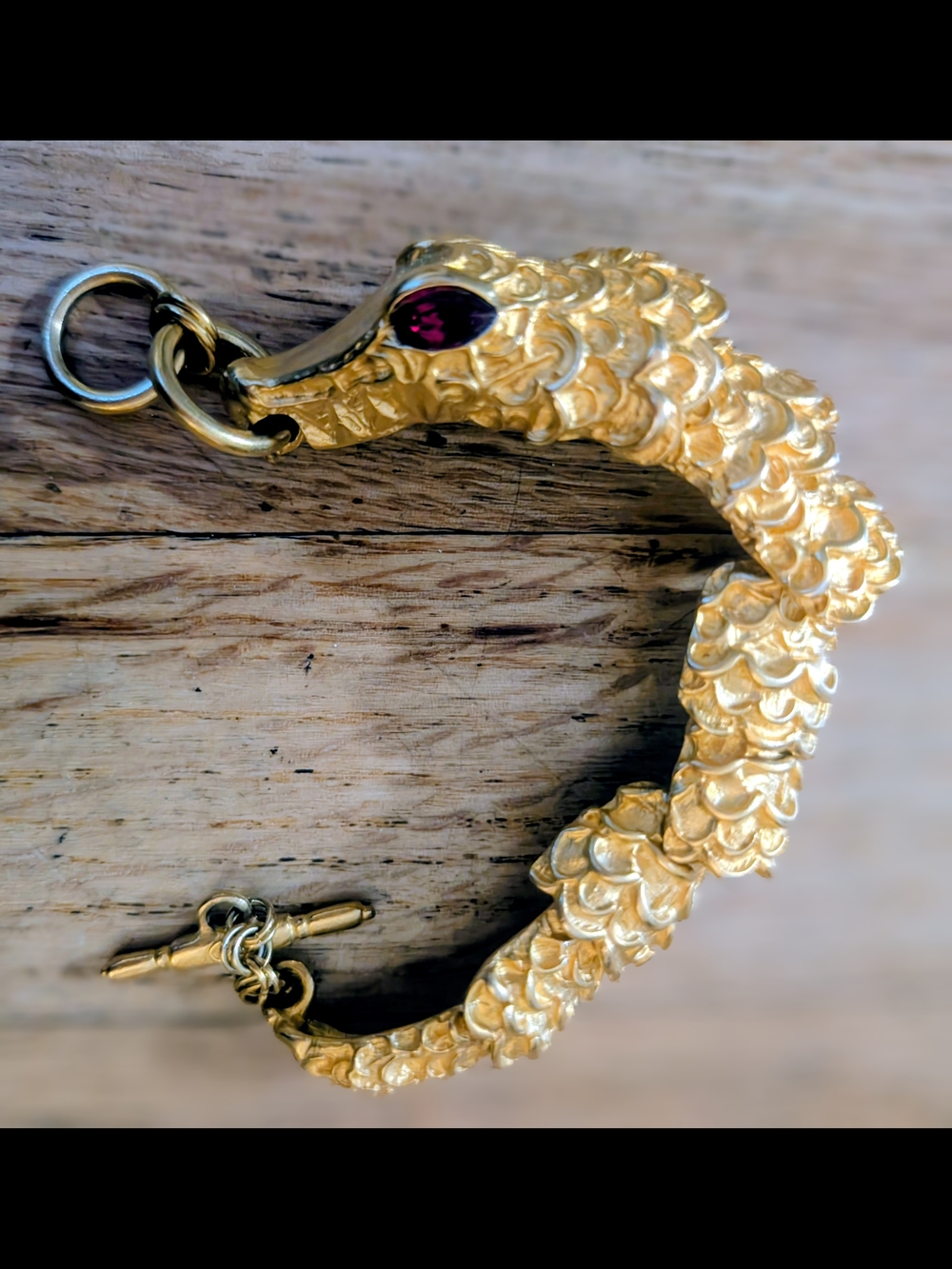 1980s Kenneth Jay Lane Signed Gold Crocodile Bracelet Red Crystal Eyes